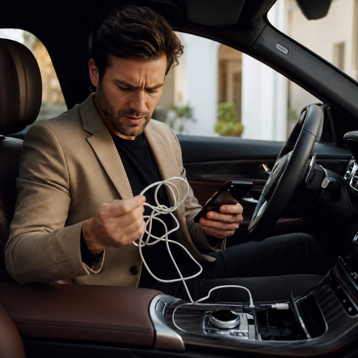 Driver frustrated with tangled charging cable